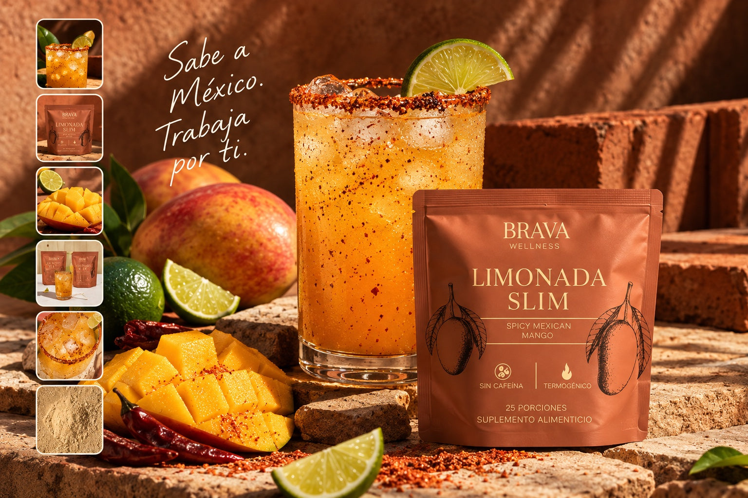 Limonada Slim Spicy Mexican Mango de BRAVA Wellness con mango, limón, chile y hielo