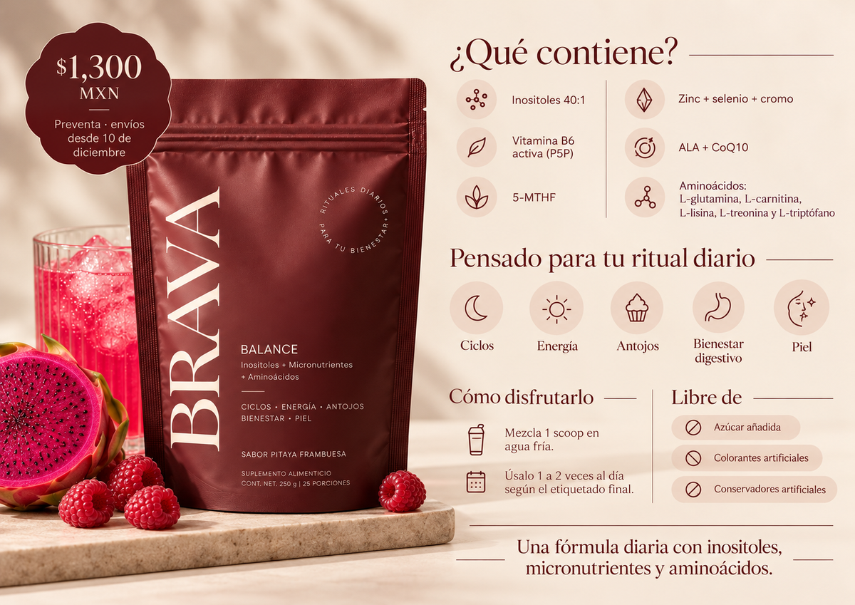 Ingredientes principales, secciones de bienestar y aviso de preventa BRAVA Balance