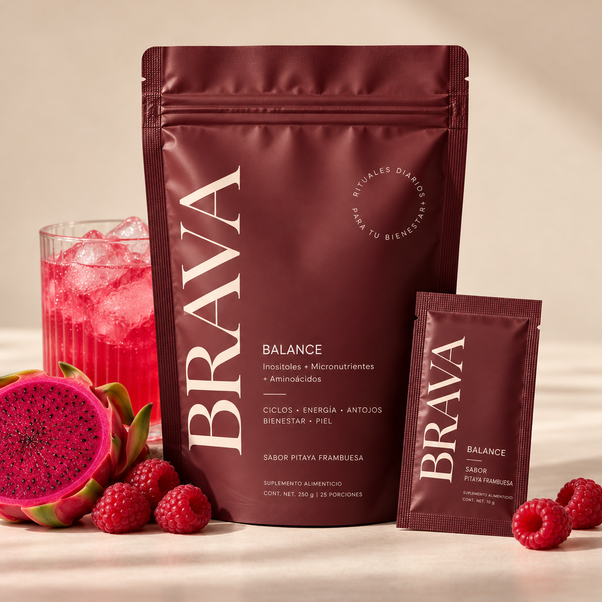 BRAVA Balance bolsa stand up pouch sabor pitaya frambuesa