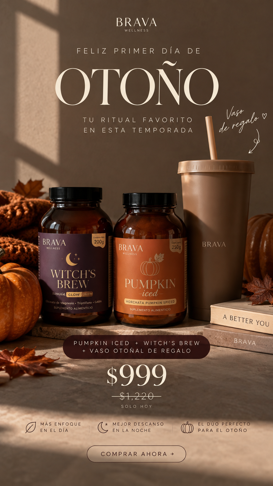 BRAVA First Day of Fall Pumpkin Iced + Witch's Brew + vaso otoñal