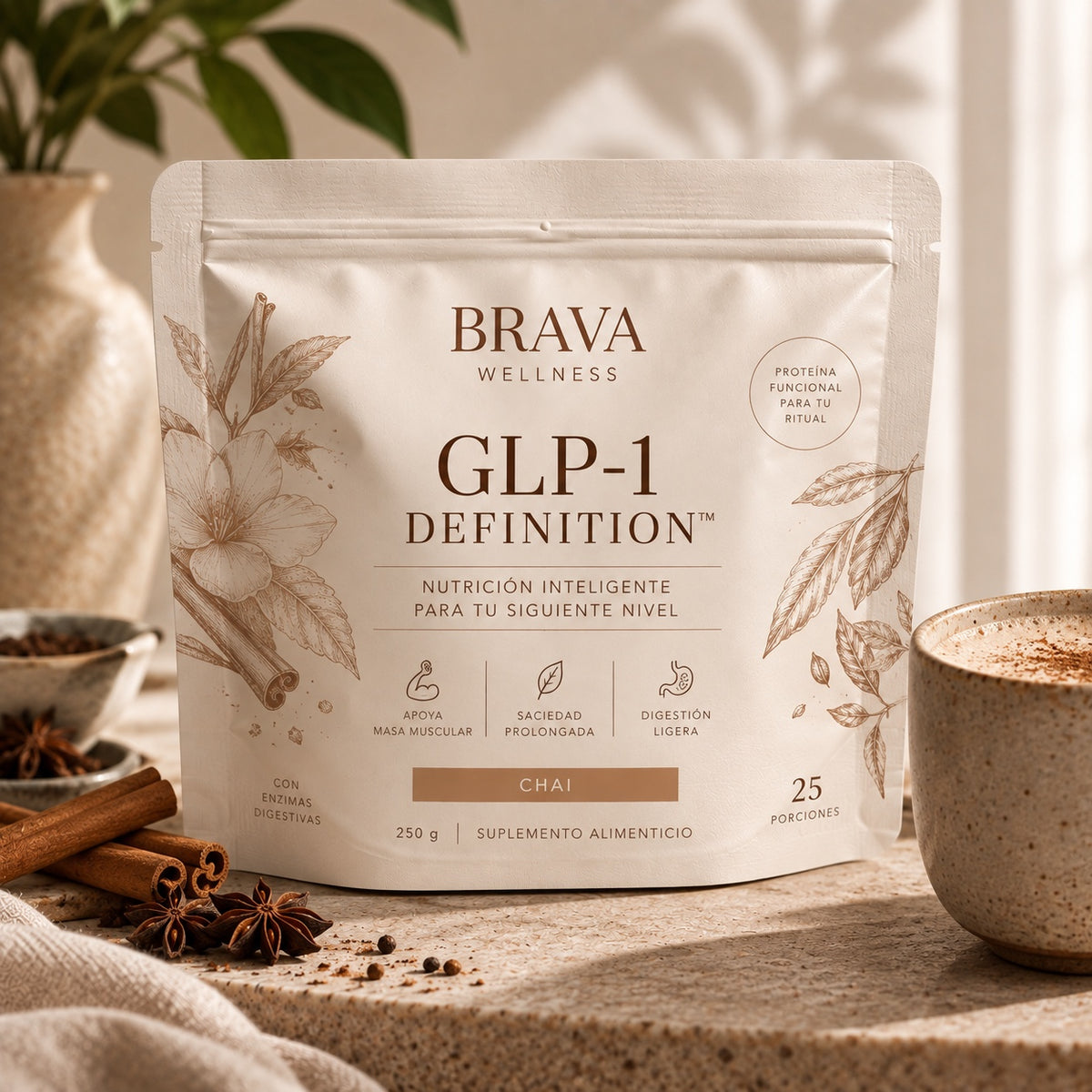 BRAVA Wellness GLP-1 DEFINITION Chai, nutrición funcional en polvo