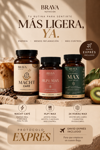 Protocolo Exprés BRAVA con Macht Café, HLP1 MAX y 24 Horas MAX